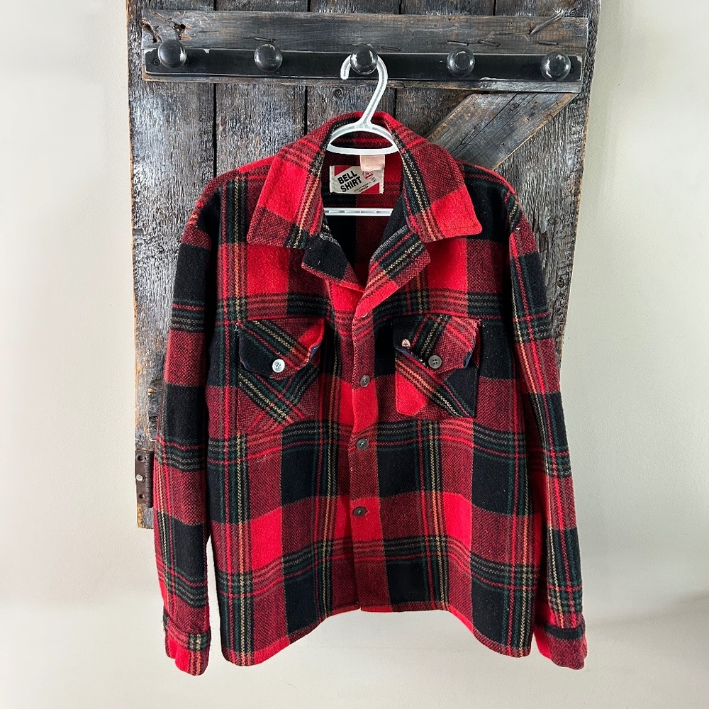Vintage Men's Bell Shirt Wool Plaid Shacket Red & Black - size tag faded - Picture 1 of 3